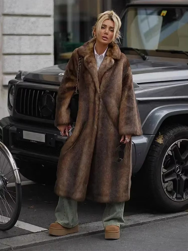Dark brown women's elegant long winter coat, warm oversized outerwear, a must-have for winter fashion.