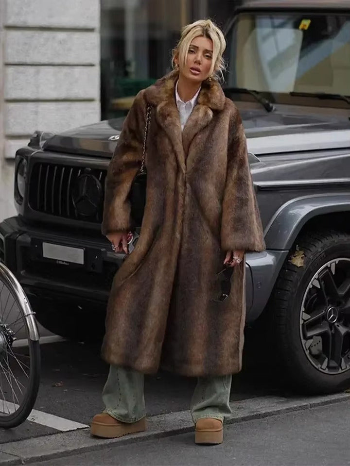 Dark brown women's elegant long winter coat, warm oversized outerwear, a must-have for winter fashion.