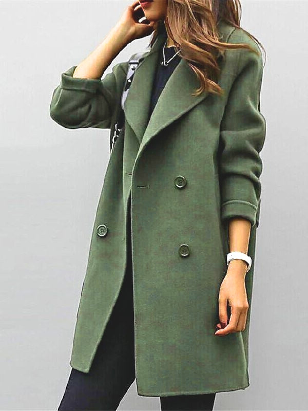 Women's elegant double-breasted long trench coat with classic lapel, perfect for fall/winter outerwear.