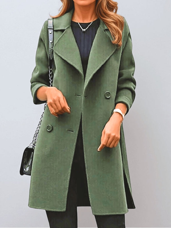 Classic women's long trench coat, double-breasted design with stylish lapels, versatile fall fashion outerwear.
