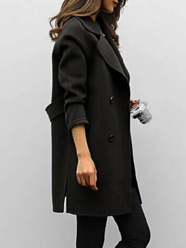Stylish women's double-breasted long trench coat, a timeless lapel outerwear piece for modern fashion.