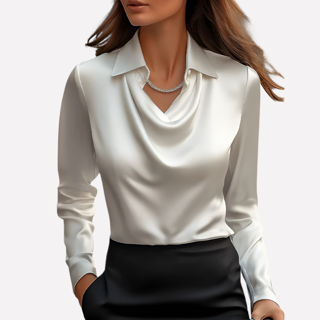 Women's elegant draped collar long sleeve blouse in a solid color, perfect for business casual or evening.