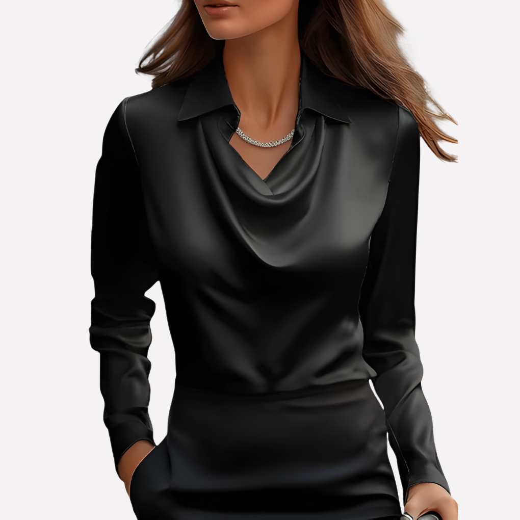 Chic women's long sleeve blouse with a relaxed fit & sophisticated draped collar, versatile for any occasion.