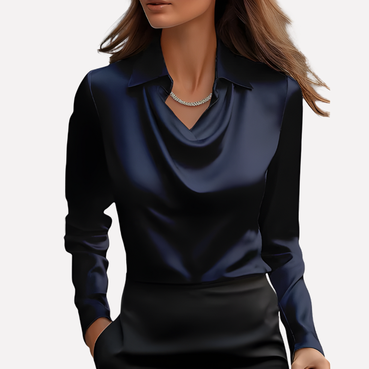 Polished women's long sleeve top with a gracefully draped collar, ideal for an elegant business or evening look.