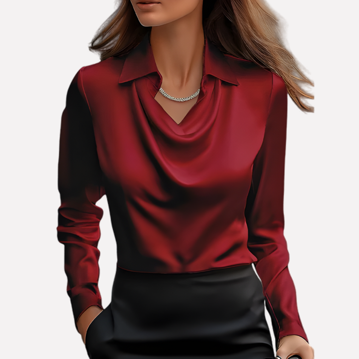 Versatile women's solid color long sleeve blouse featuring a stylish draped collar, great for work or going out.