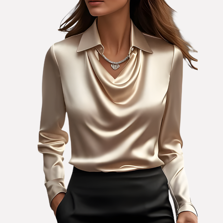 Women's long sleeve blouse with an elegant draped collar, offering a relaxed yet sophisticated style.