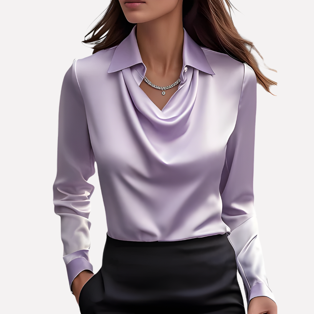 Sophisticated women's long sleeve top with a flowing draped collar, a versatile piece for elegant fashion.