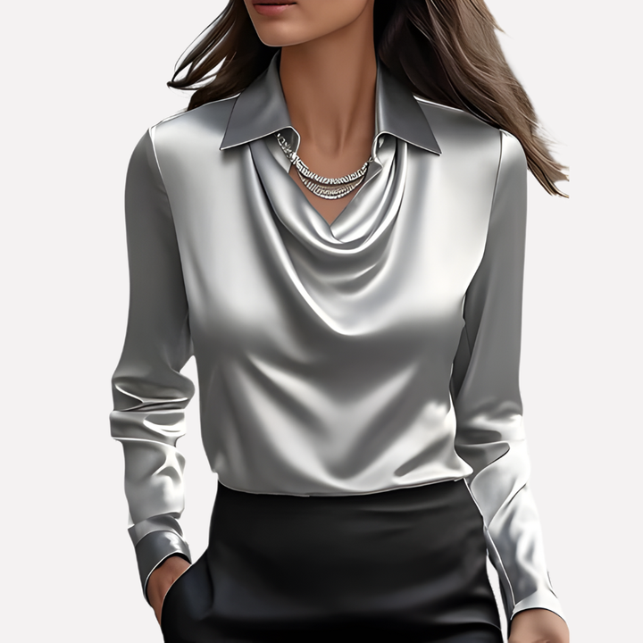 Elegant women's draped collar long sleeve blouse, perfect for a polished business casual or evening wear style.