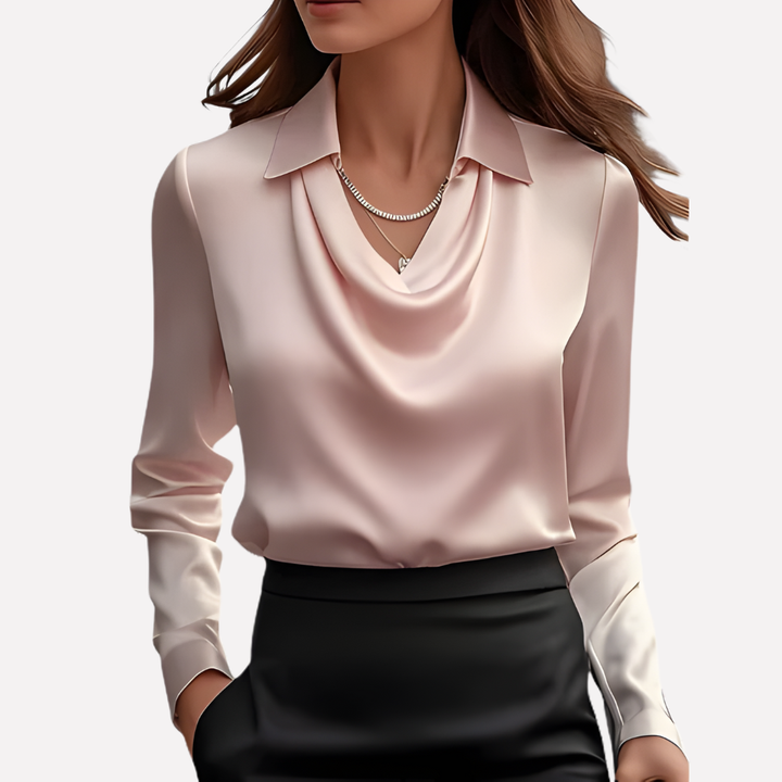 Relaxed fit women's long sleeve blouse featuring a chic draped collar, combining comfort with sophisticated style.