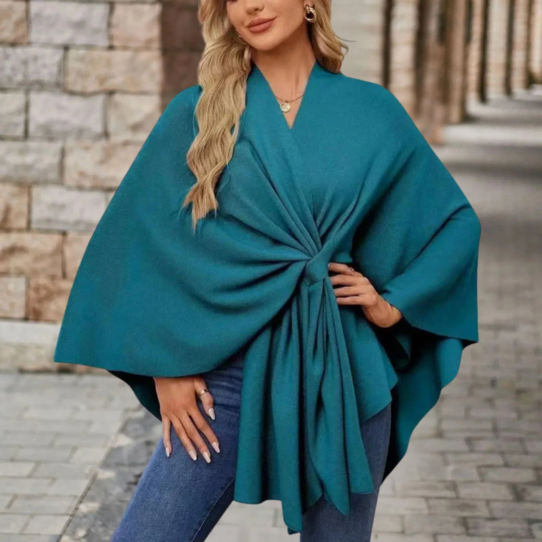 Versatile women's draped poncho, an elegant cozy layer for any fall winter outfit.