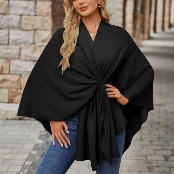 Chic women's draped poncho, elegant cozy outerwear for fall & winter comfort.