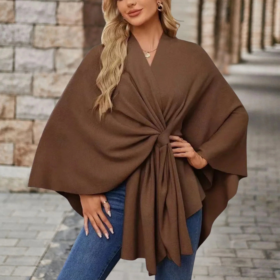 Fall winter cozy women's poncho, elegant draped layer, comfortable versatile fashion.