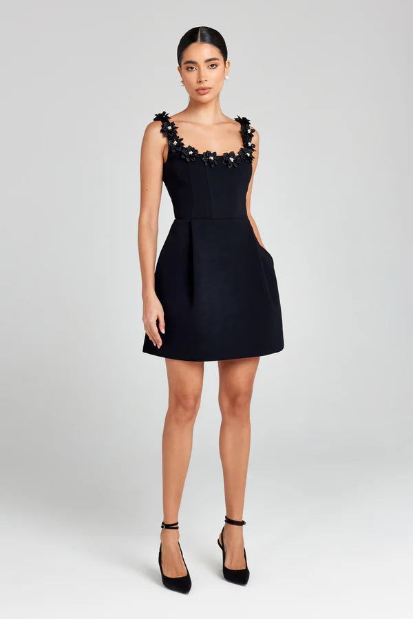 Pretty women's summer floral appliqué mini dress. Feminine A-line cut, elegant and party-perfect.