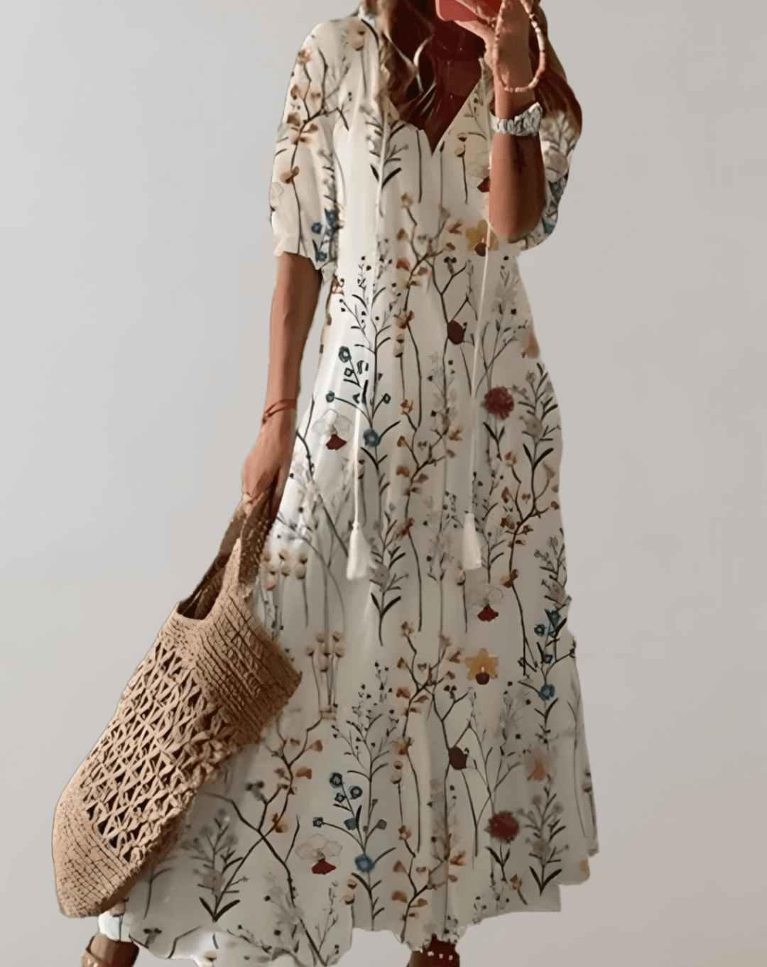 Bohemian long floral print maxi dress for women, ideal for casual or vacation outfits.
