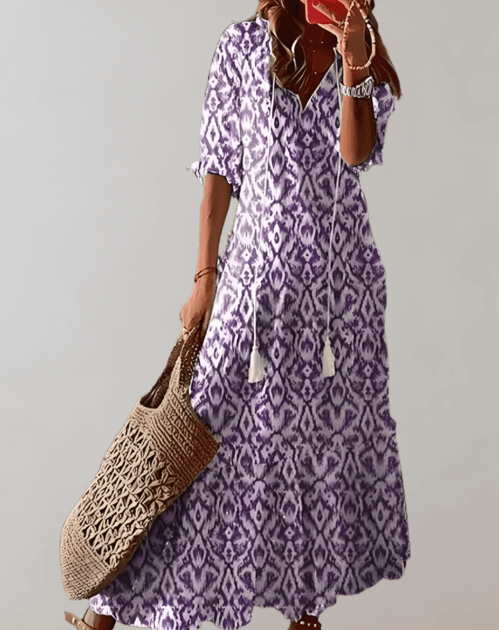 Vibrant floral maxi dress for women, elegant bohemian design, comfortable for spring/summer.