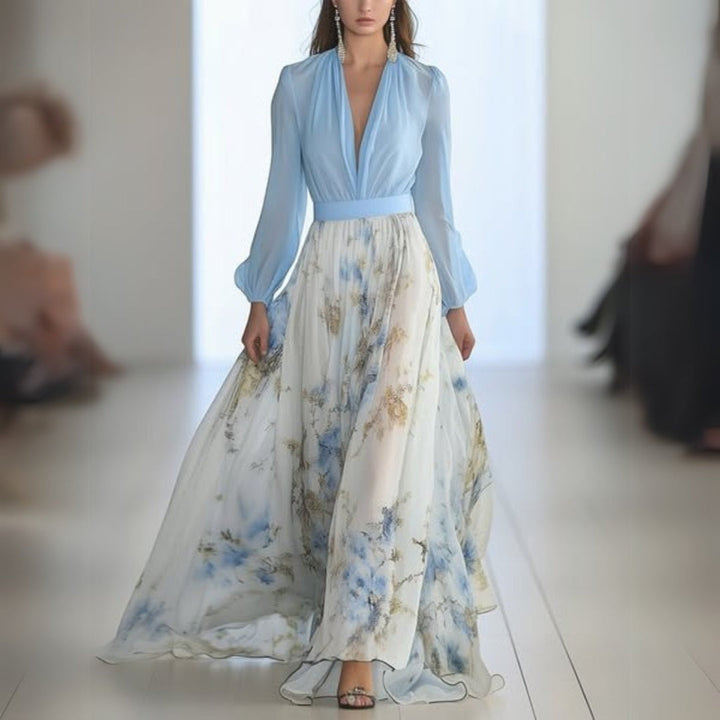 Women's elegant floral print maxi dress with V-neck & bishop sleeves, perfect for summer parties & evening occasions.