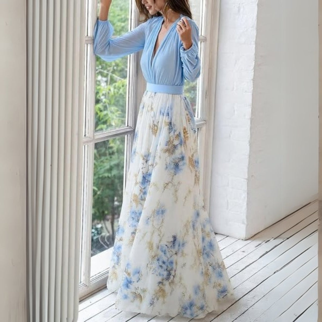 Chic women's V-neck floral maxi dress featuring bishop sleeves, a stylish choice for summer party wear.