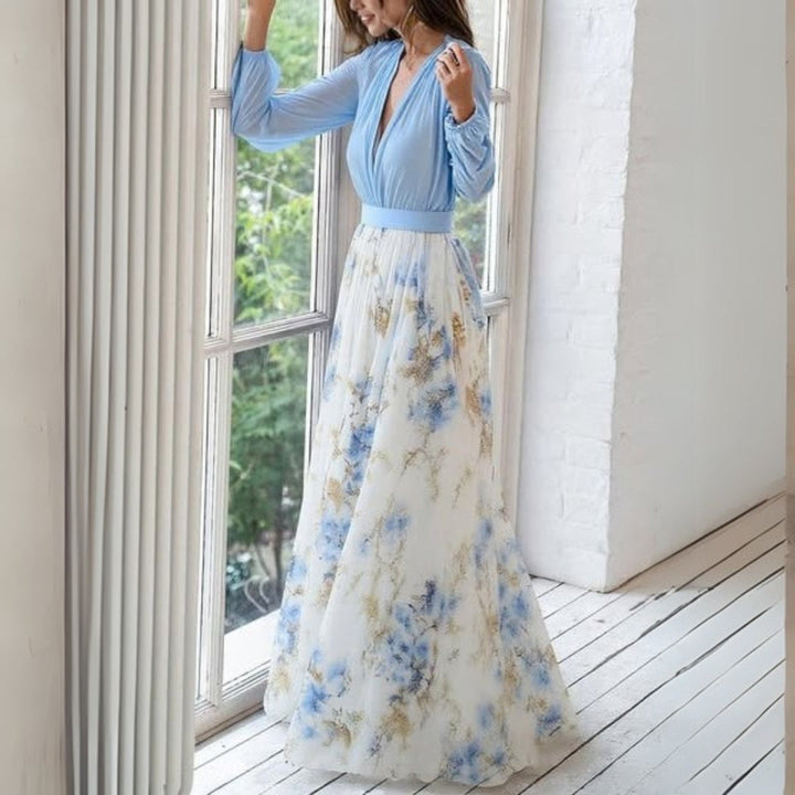 Chic women's V-neck floral maxi dress featuring bishop sleeves, a stylish choice for summer party wear.