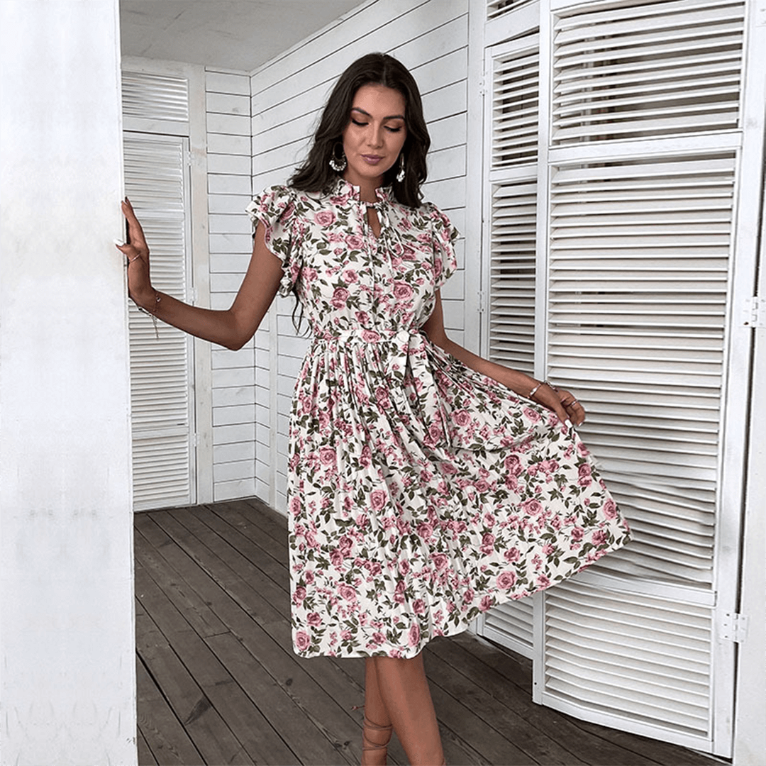 Women's elegant floral print midi dress, sleeveless, perfect for summer casual wear.
