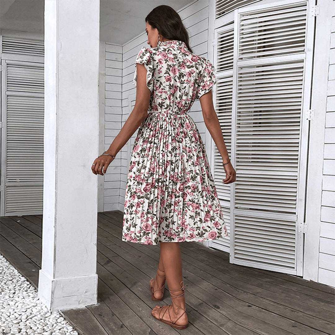 Sleeveless polyester floral print midi dress with belt, ideal for women's summer outfits.