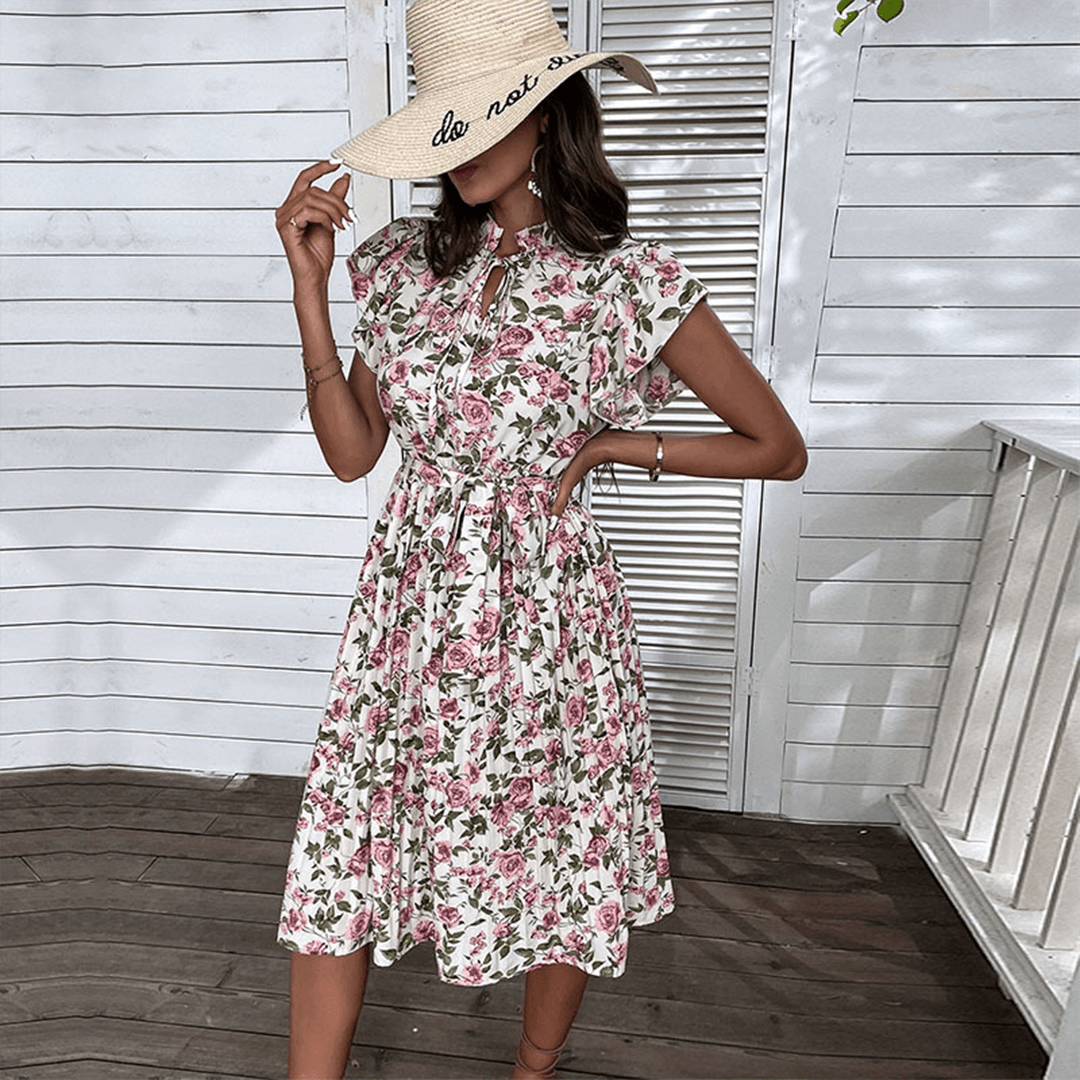 Women's casual & elegant floral print midi dress, belted, perfect for summer events.