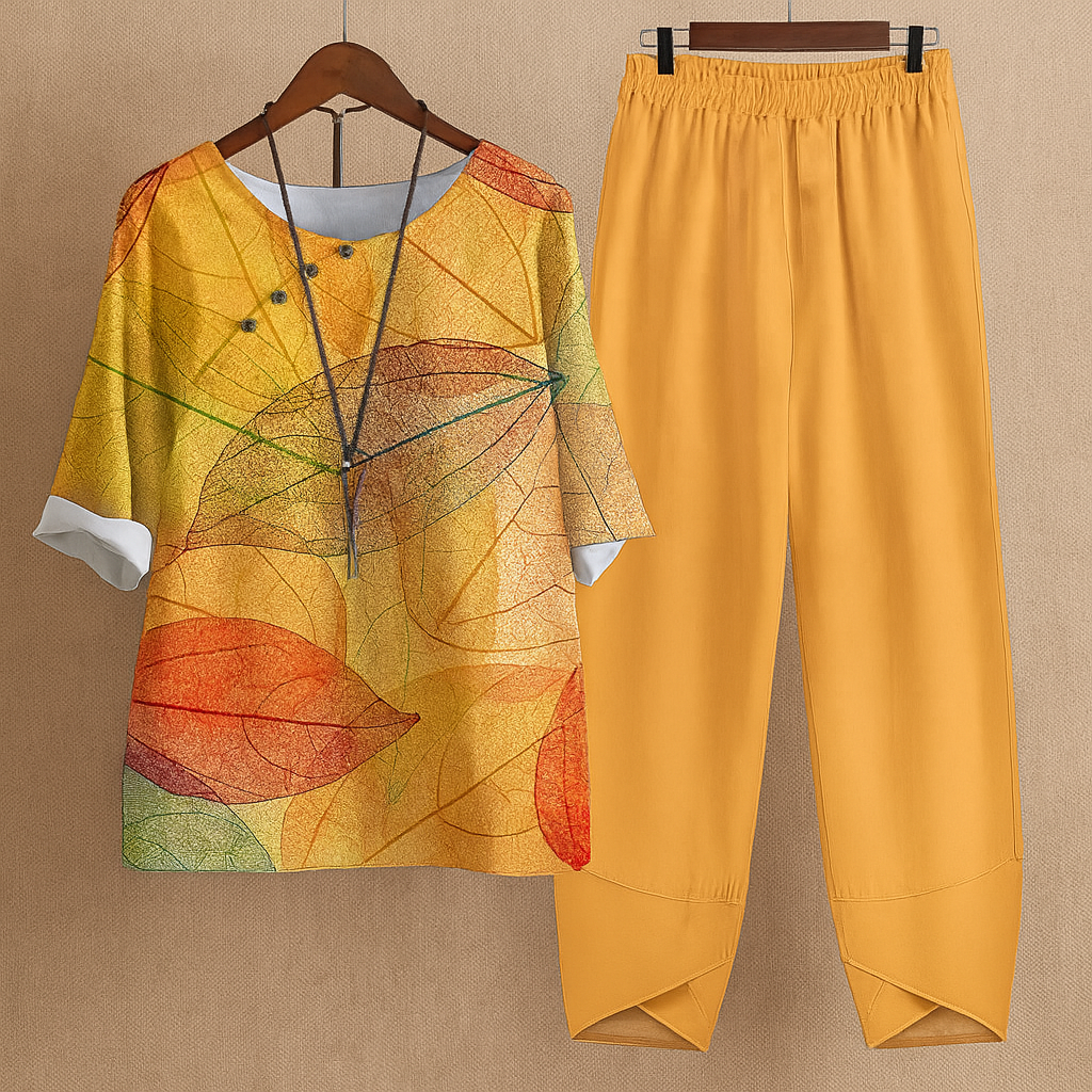 Women's elegant floral two-piece set with a relaxed fit blouse & elastic waist harem pants, perfect for summer.