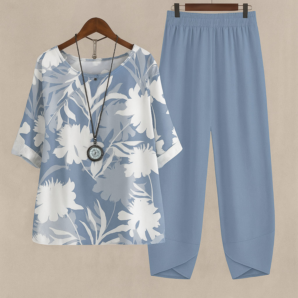 Stylish women's floral blouse and relaxed fit harem pants set. Ideal for casual spring & summer fashion wear.