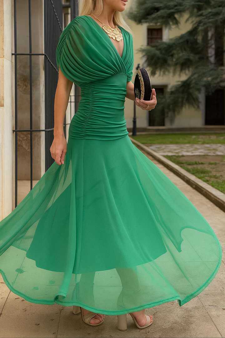Navy blue chic flowing midi dress, women's elegant party wear. Perfect for special occasions, ankle length style.