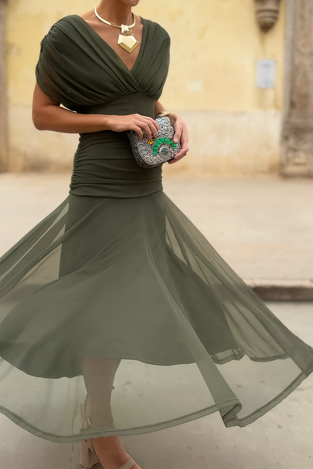 Coffee elegant flowing midi dress for women. Chic special occasion summer style with raglan sleeves, ankle length.