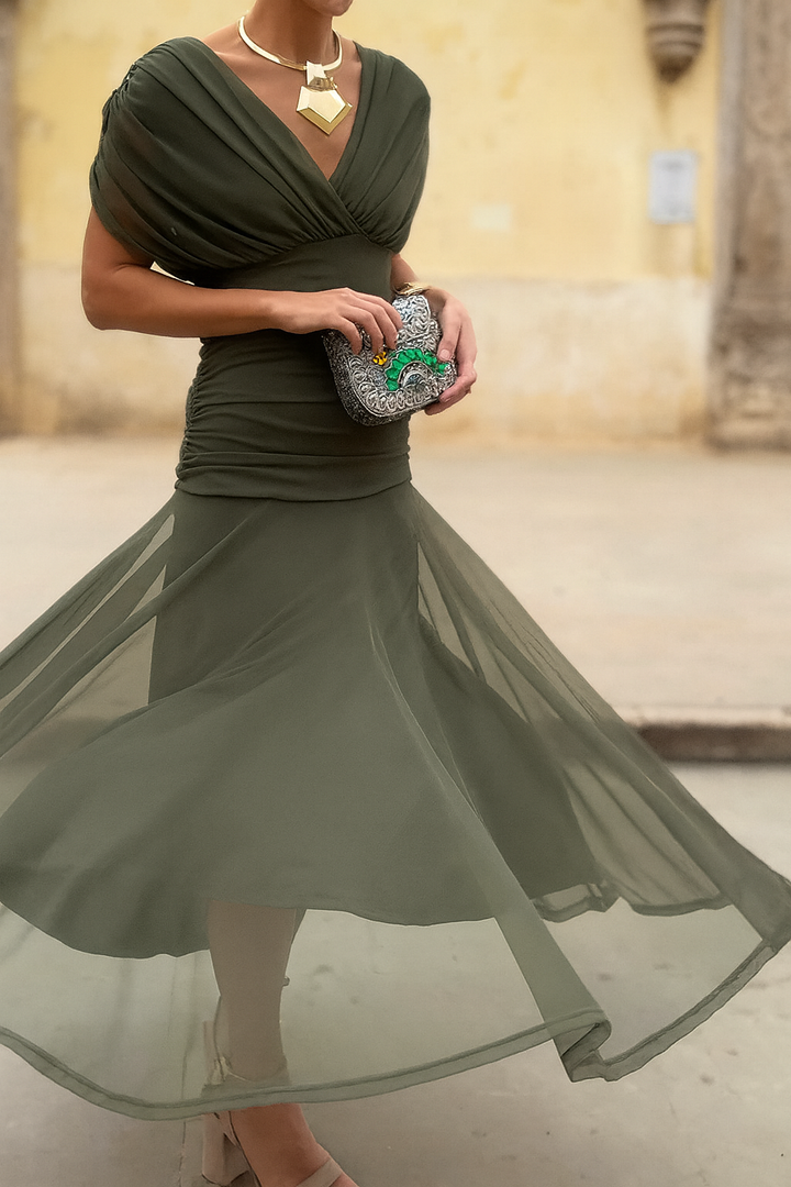 Coffee elegant flowing midi dress for women. Chic special occasion summer style with raglan sleeves, ankle length.