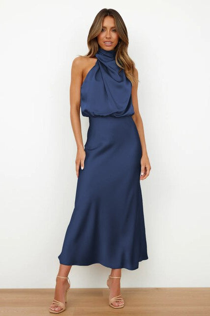 Women's elegant halter neck midi formal dress, perfect for evening events & special occasions.