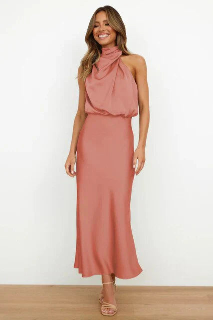Formal high neck sleeveless satin dress for women. A sophisticated choice for summer evenings & elegant events.