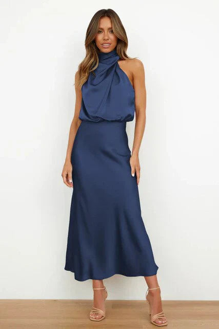 Sophisticated women's high neck sleeveless satin evening dress, ideal for summer weddings & formal events.