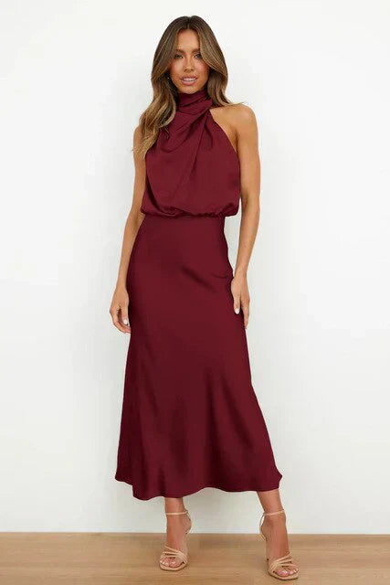 Elegant women's sleeveless high neck satin dress, perfect for summer parties, galas & formal occasions.