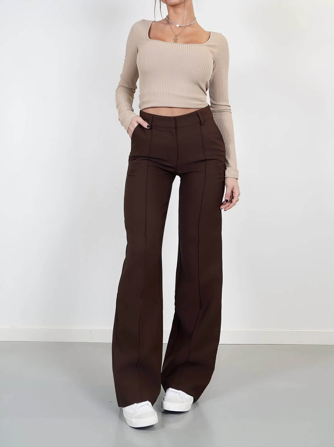 Chic women's high-waisted straight leg pants, offering both comfort and an elegant, polished appeal.