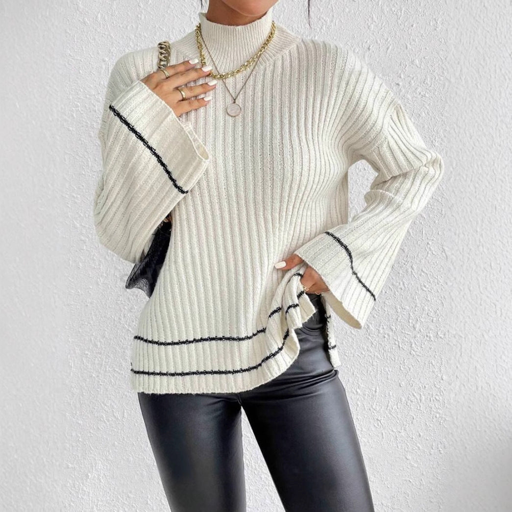 Women's elegant jumper with contrast stripe, flared sleeves & mock turtleneck. Stylish winter pullover.