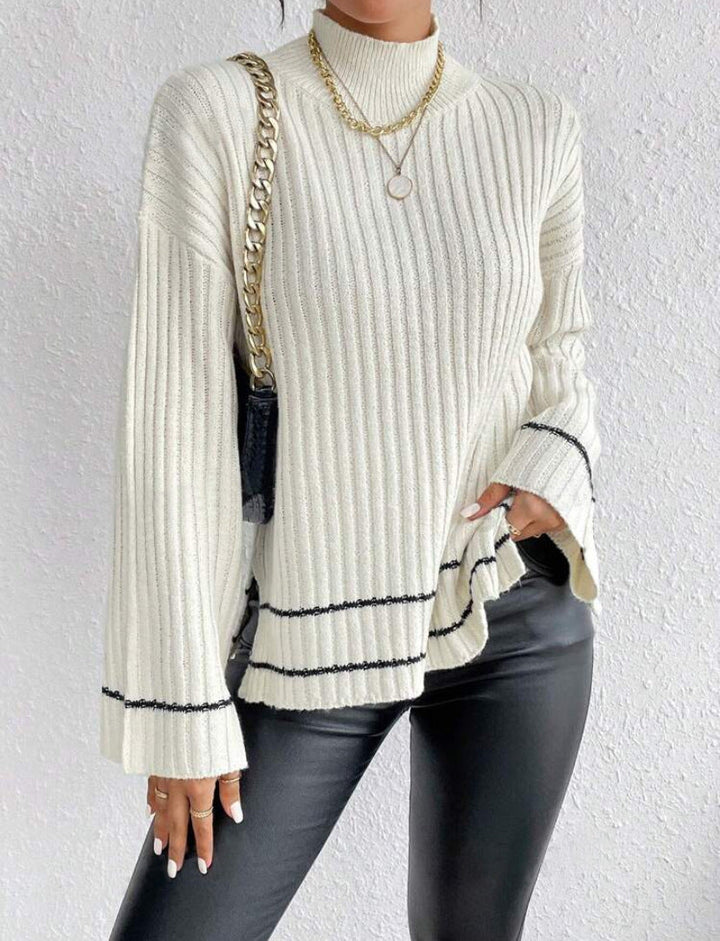Elegant women's jumper featuring chic contrast stripes, flared long sleeves & a mock turtleneck for modern daily wear.