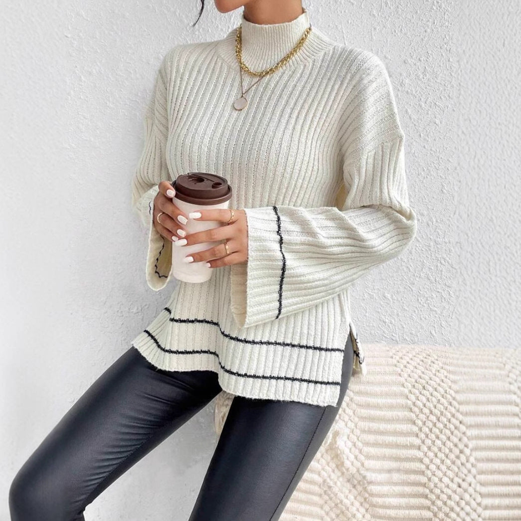 Comfortable women's long sleeve jumper with elegant contrast stripes & stylish flared cuffs. Ideal for daily winter fashion.