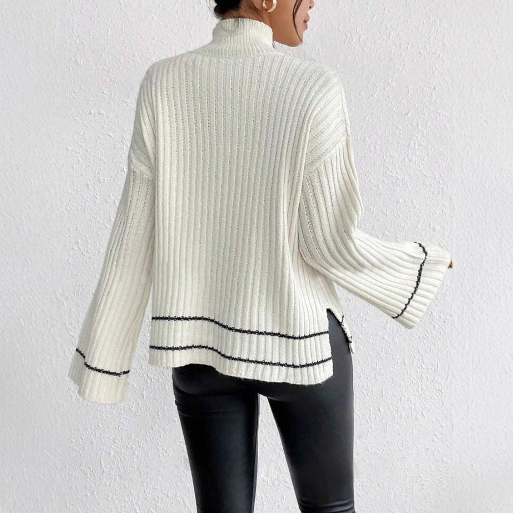 Modern aesthetic women's jumper, elegant design with contrast stripes & chic flared sleeves. Perfect stylish pullover.
