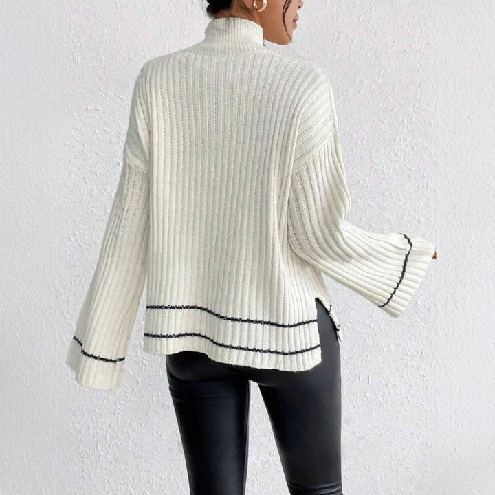 Modern aesthetic women's jumper, elegant design with contrast stripes & chic flared sleeves. Perfect stylish pullover.
