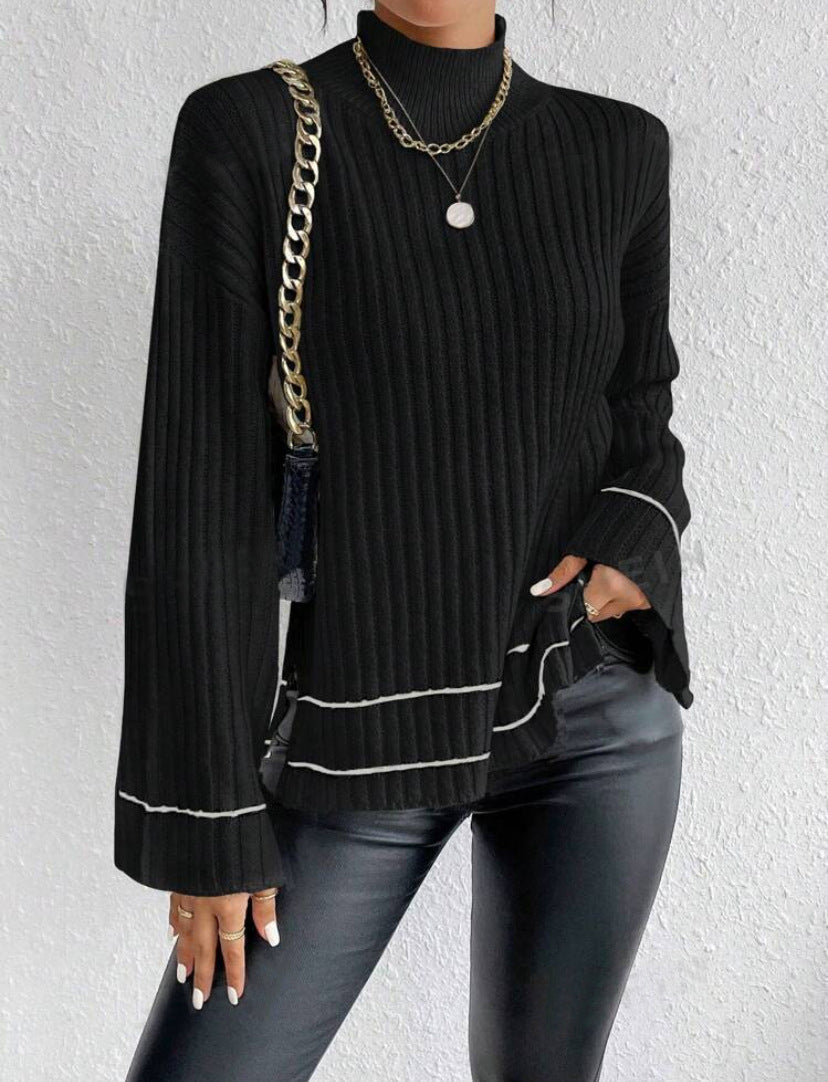 Elegant women's winter jumper with contrast stripes, flared long sleeves & mock turtleneck. A stylish casual chic top.