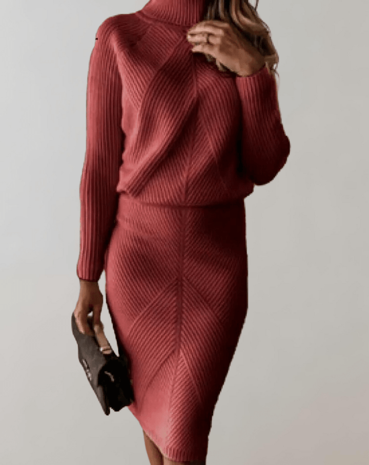 Elegant women's knit turtleneck sweater, a key piece from the sophisticated two-piece set.