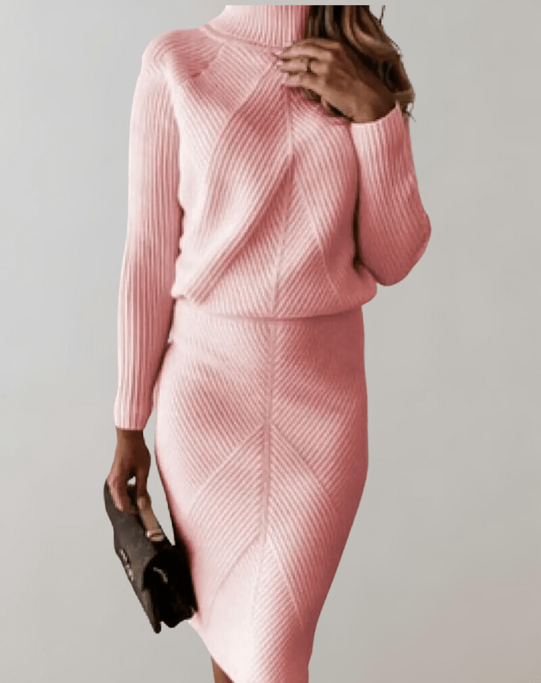 Matching ribbed knit midi skirt for women, completing the elegant two-piece winter outfit.