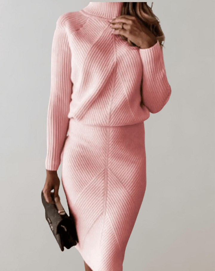 Matching ribbed knit midi skirt for women, completing the elegant two-piece winter outfit.