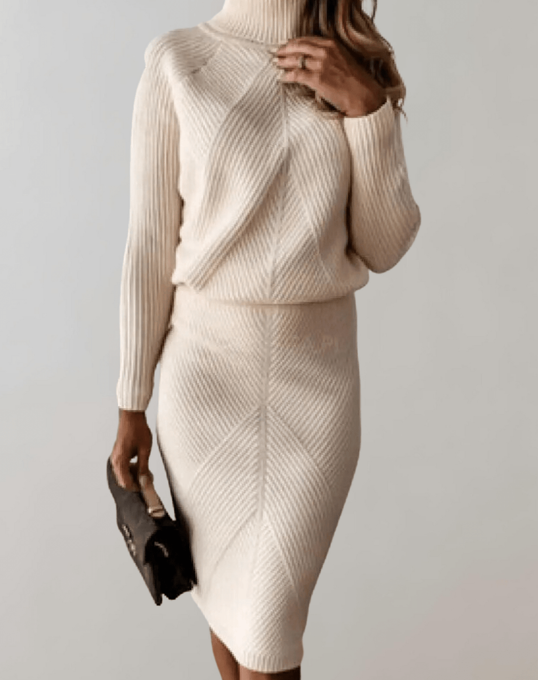 Stylish women's two-piece knit set with a cozy turtleneck sweater and elegant midi skirt.