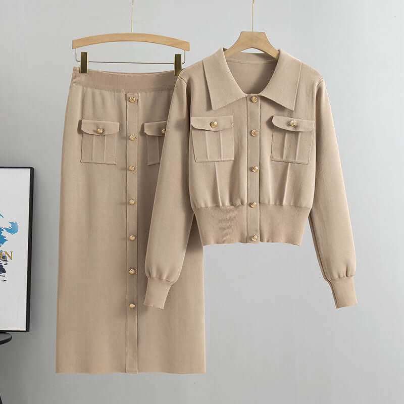Women's elegant knit two-piece set featuring a long-sleeve top and a matching hip wrap skirt. Comfortable acrylic blend.