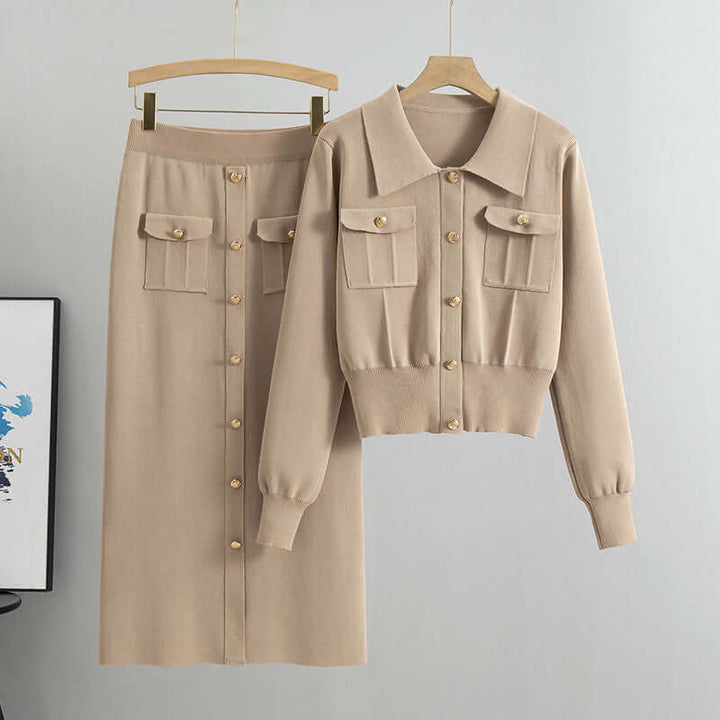 Women's elegant knit two-piece set featuring a long-sleeve top and a matching hip wrap skirt. Comfortable acrylic blend.