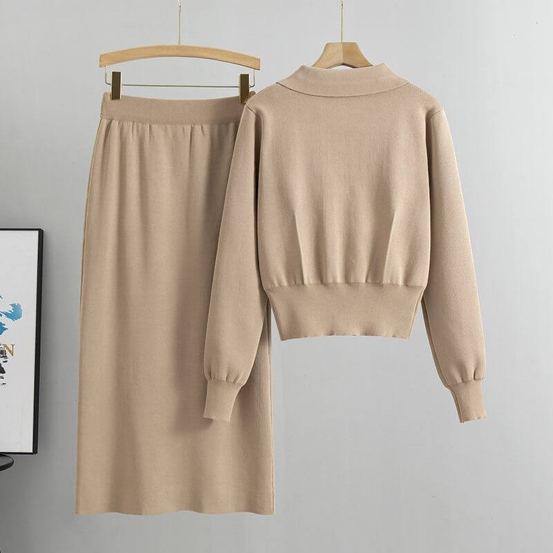 Casual chic women's matching knit set with a cozy long-sleeve top and stylish wrap skirt for spring & autumn fashion.