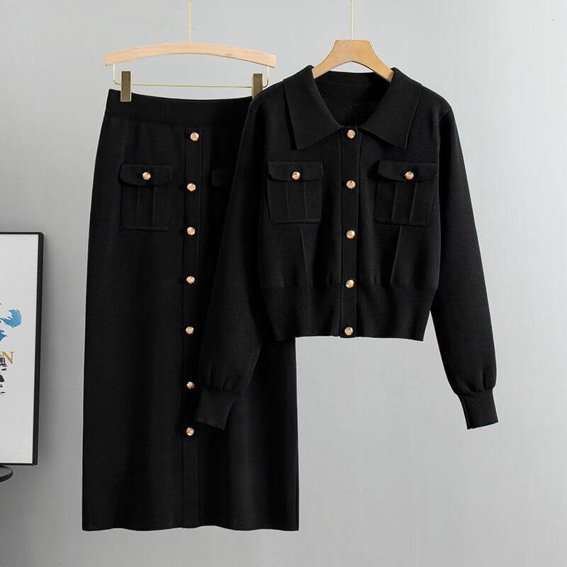 Women's comfortable long-sleeve knit top and matching wrap skirt set, an elegant and casual chic autumn clothing item.