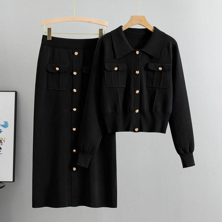 Women's comfortable long-sleeve knit top and matching wrap skirt set, an elegant and casual chic autumn clothing item.